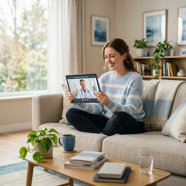 Patient consulting with specialist from home via NZ Telemed